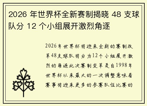 2026 年世界杯全新赛制揭晓 48 支球队分 12 个小组展开激烈角逐